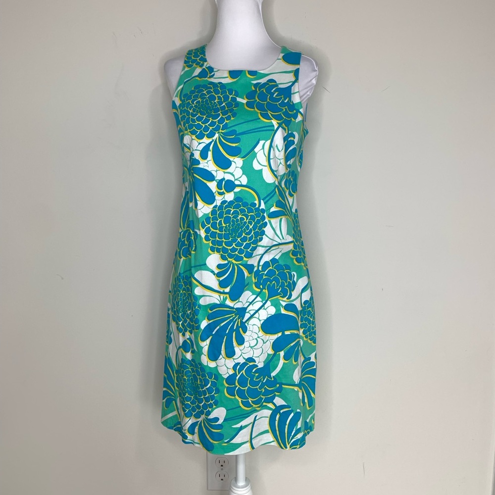 BN13 London Times Floral Sheath Dress 4 Green Blue Mod Retro Cotton Stretch